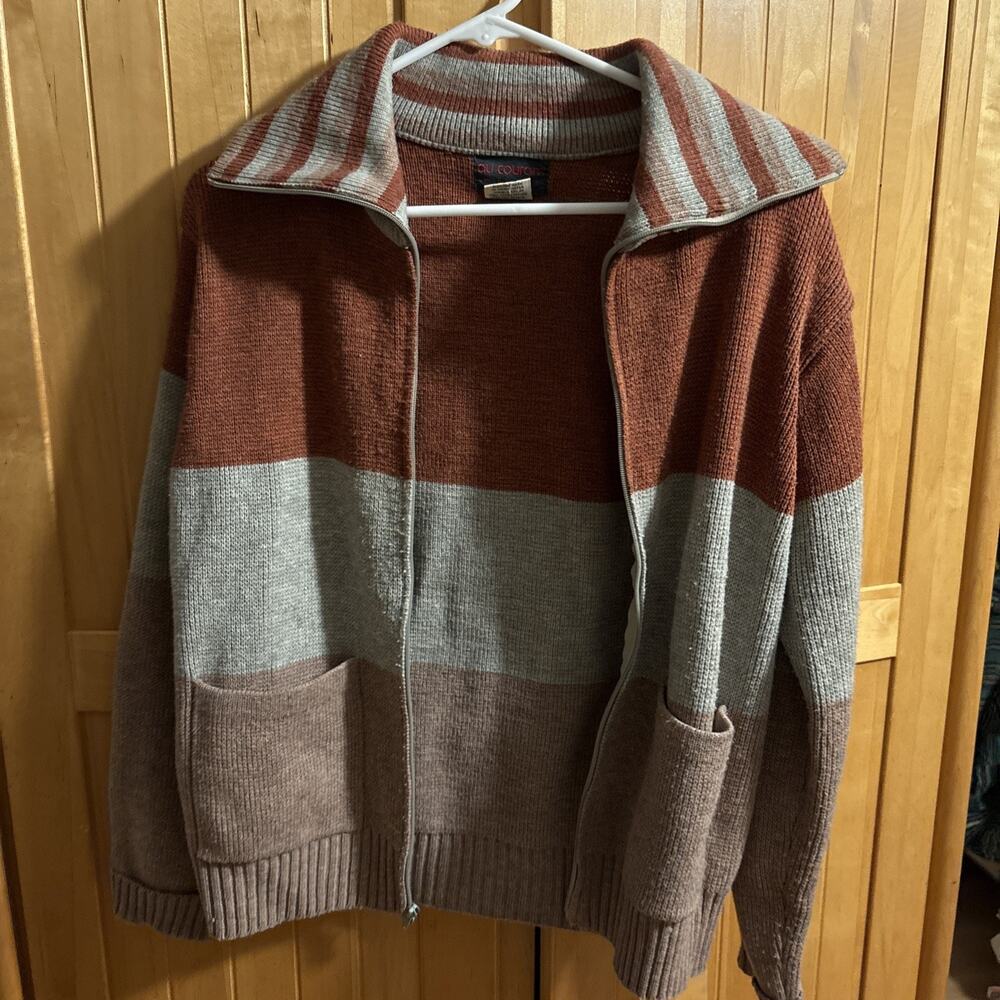 Vintage Au Courant Striped Full-Zip Sweater Jacket Earthy Tones 70s 80s Knitwear